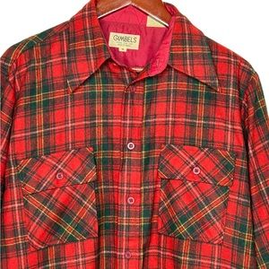 Men’s Red Flannel Shirt Plaid Gimbels Medium Wool Blend Cabincore Rustic